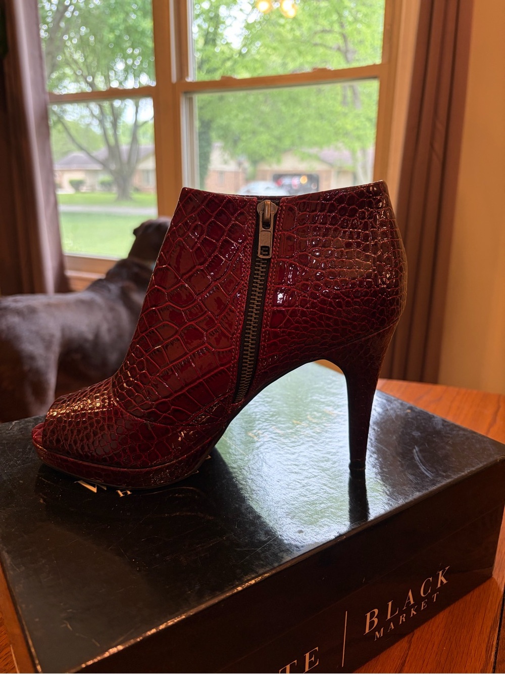 White House Black Market Burgundy Croc-Embossed Peep-Toe Booties - Picture 7 of 7